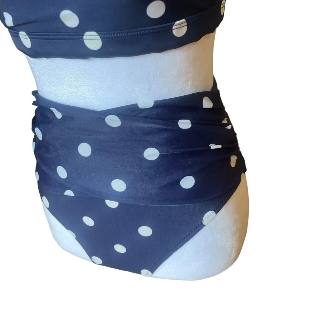 Old Navy One Shoulder High Waist Bikini Navy Blue White Polka Dots Size Small